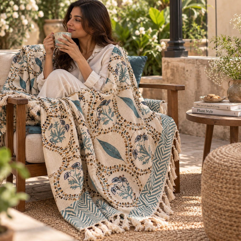 Teal Garden Heritage Hand Block Printed Throw