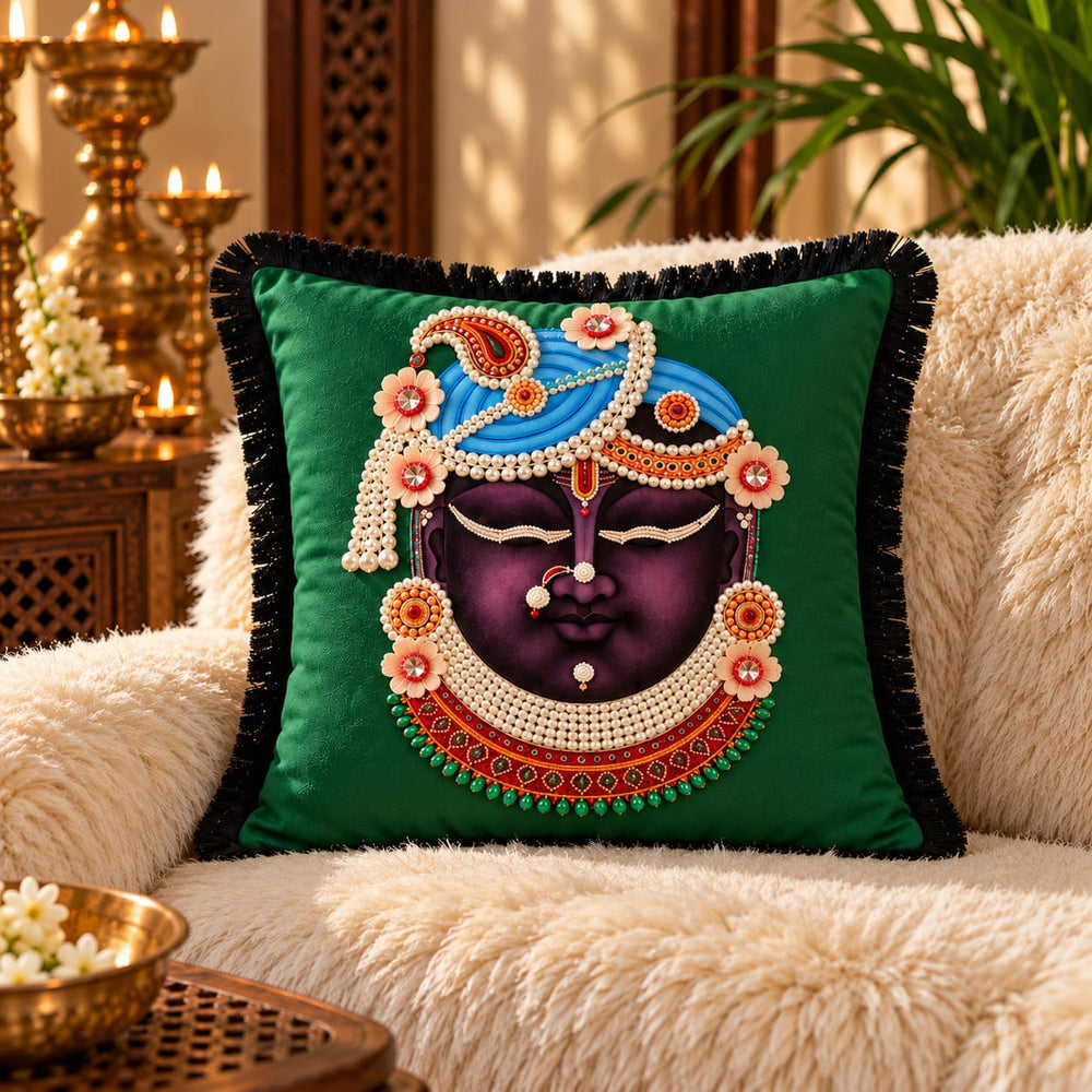 Hand Embroidered Krishna Velvet Cushion Cover in Emerald Green