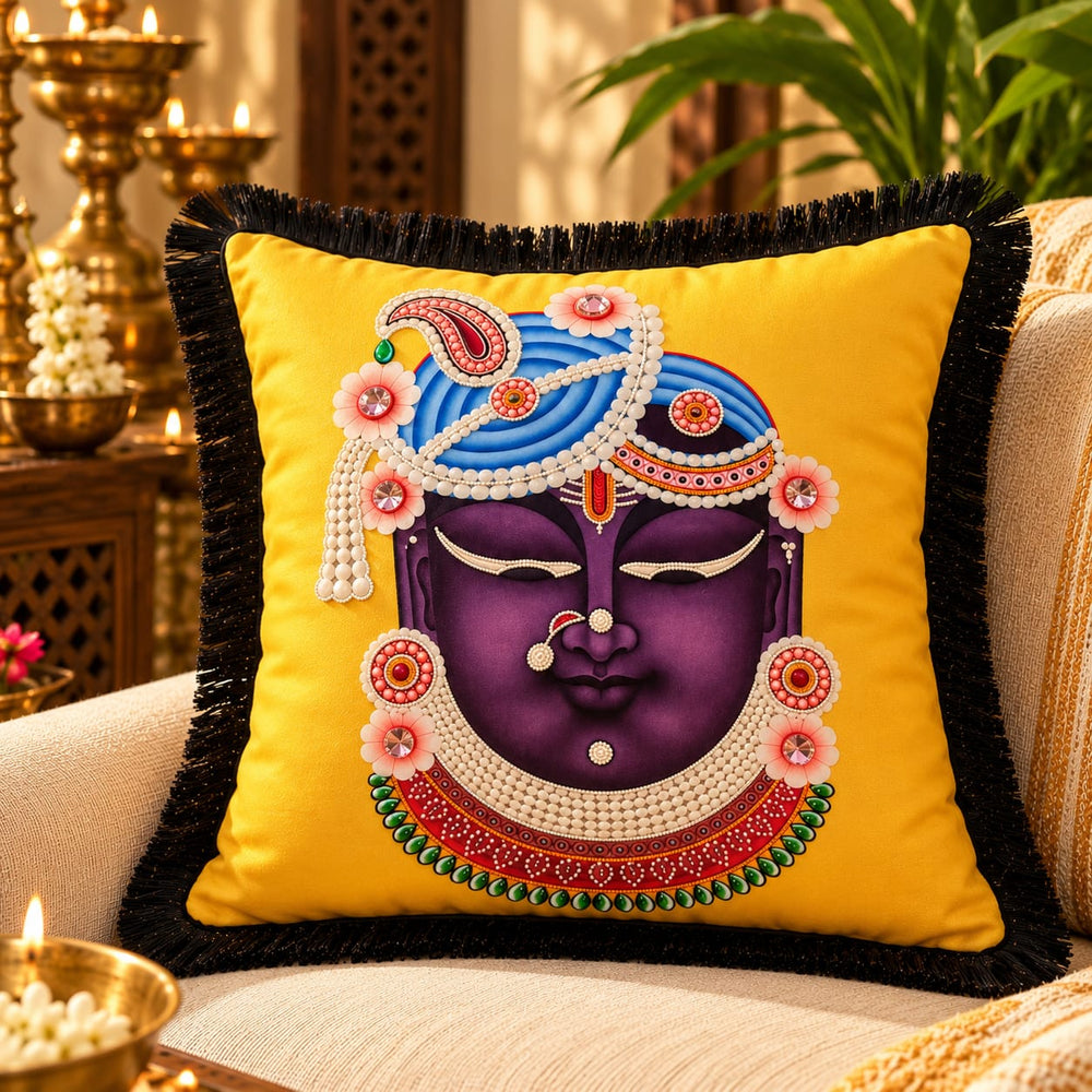 Hand Embroidered Krishna Velvet Cushion Cover in Yellow