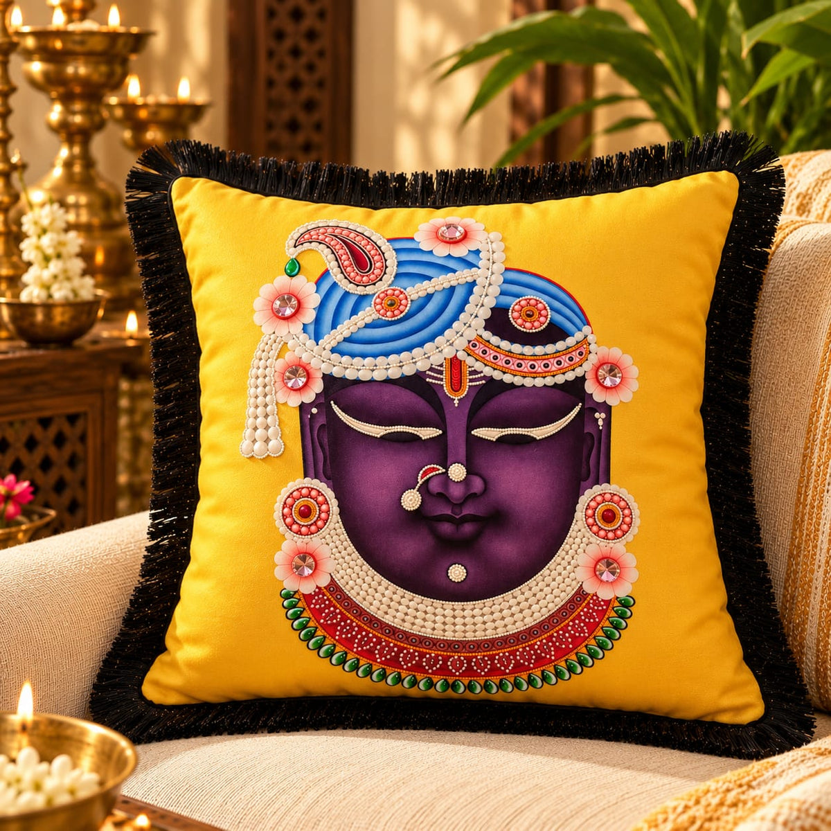 Hand Embroidered Krishna Velvet Cushion Cover in Yellow