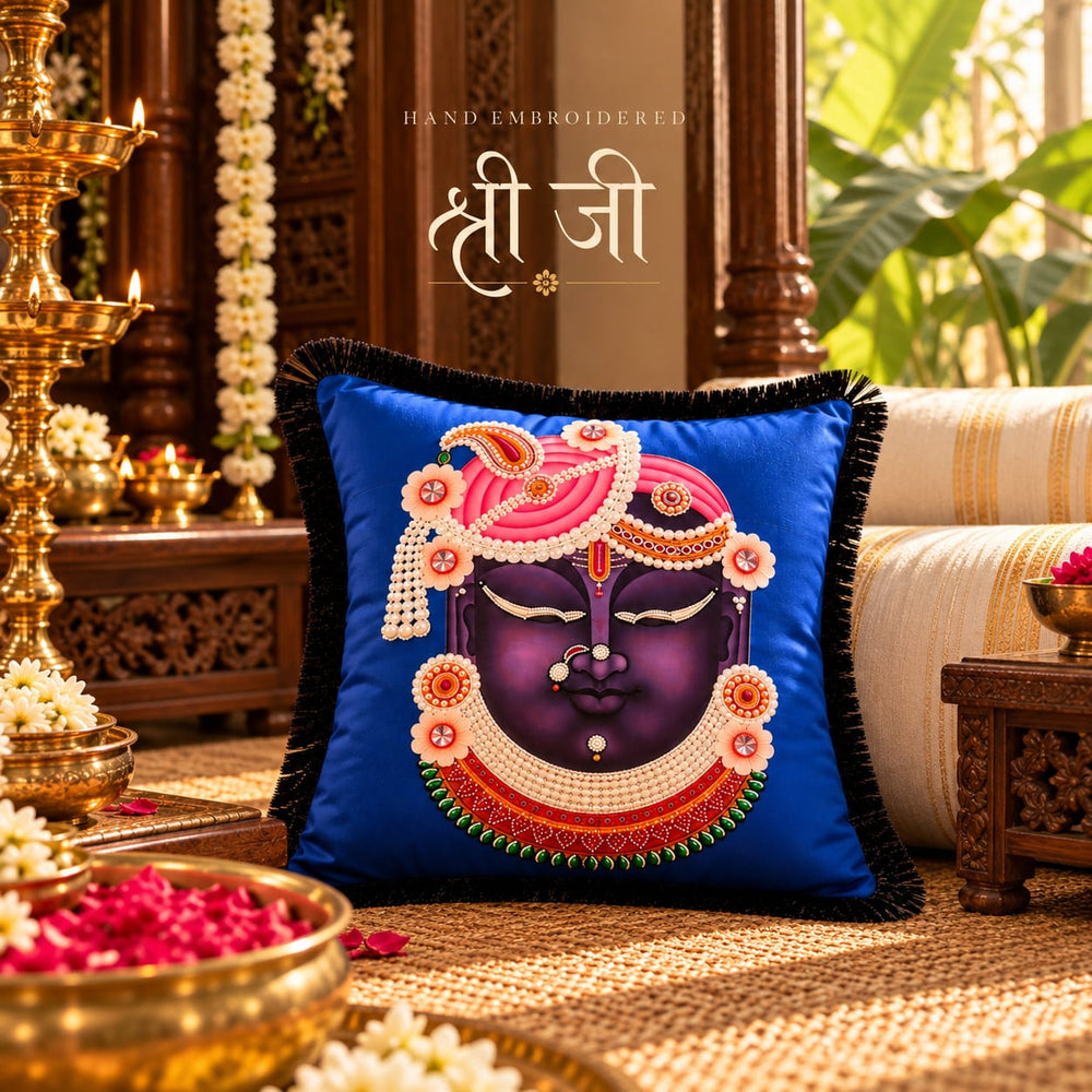 Shri Ji Hand Embroidered Velvet Cushion Cover with Silk Fringes – Royal Blue Luxury Decorative Cushion