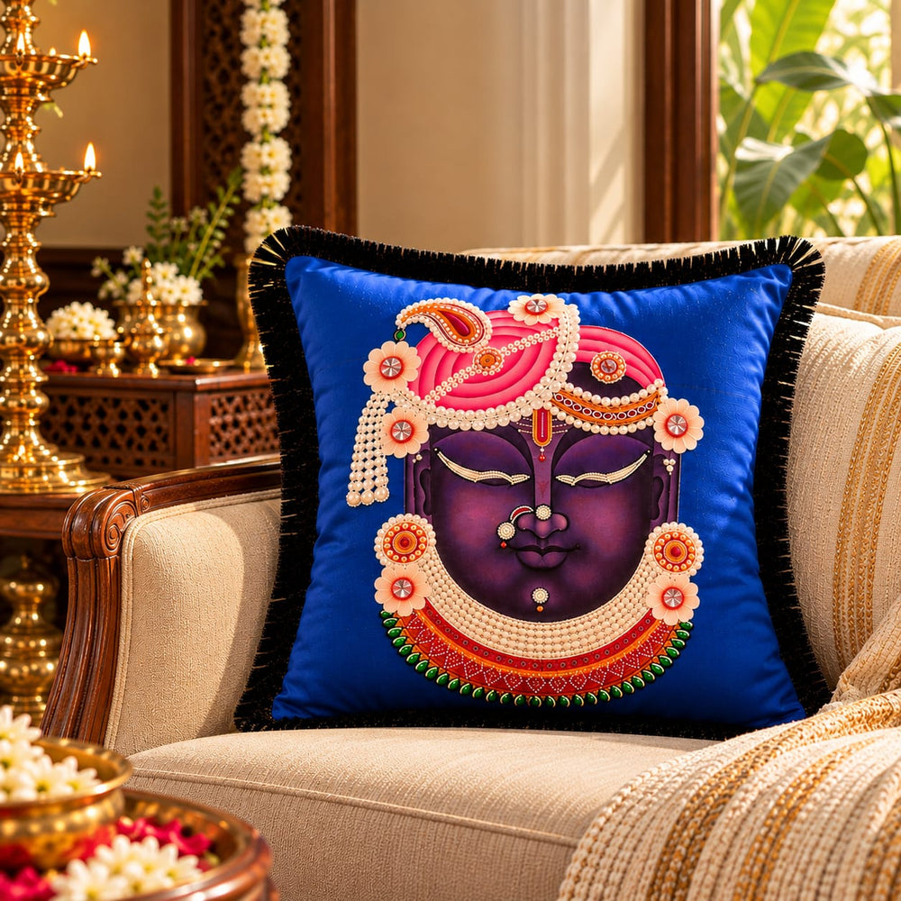 Shri Ji Hand Embroidered Velvet Cushion Cover with Silk Fringes – Royal Blue Luxury Decorative Cushion