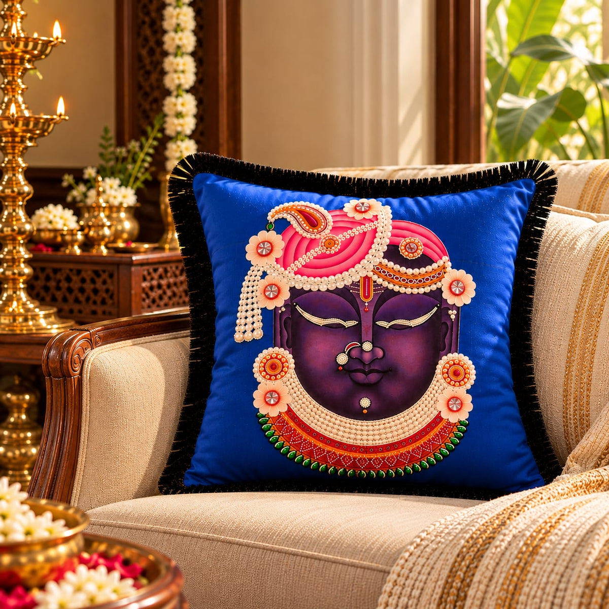 Shri Ji Hand Embroidered Velvet Cushion Cover with Silk Fringes – Royal Blue Luxury Decorative Cushion