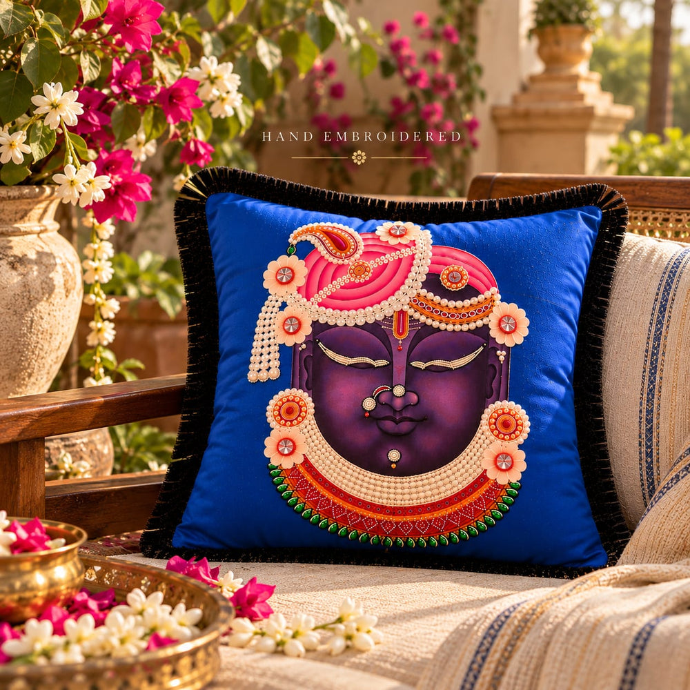 Shri Ji Hand Embroidered Velvet Cushion Cover with Silk Fringes – Royal Blue Luxury Decorative Cushion