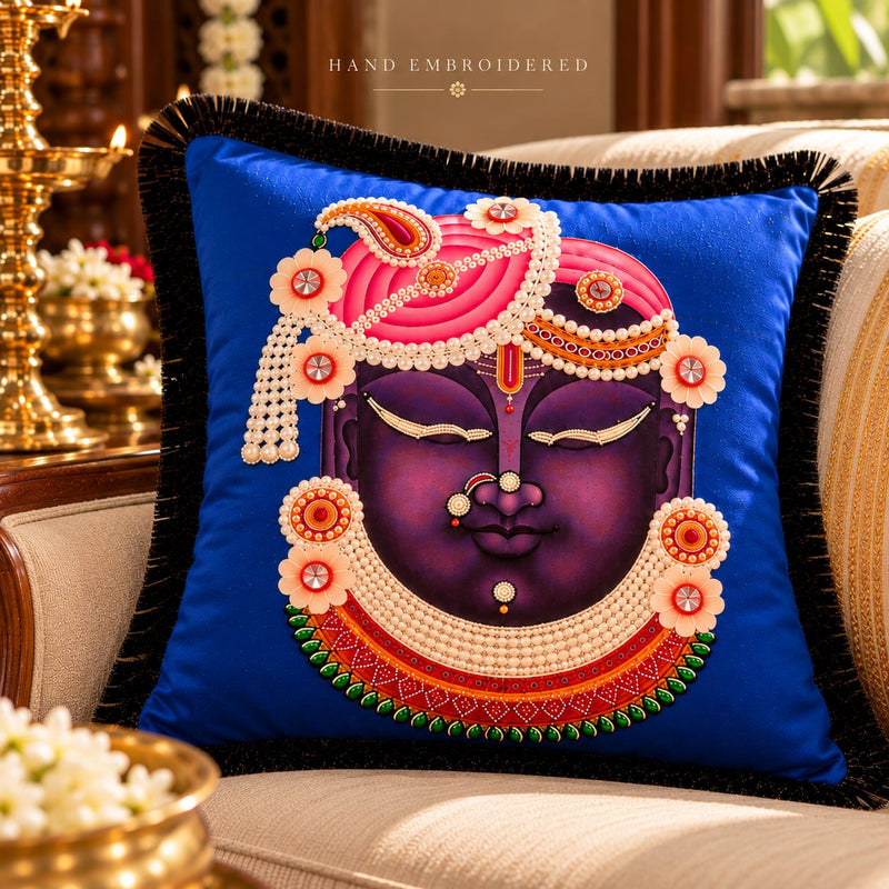 Shri Ji Hand Embroidered Velvet Cushion Cover with Silk Fringes – Royal Blue Luxury Decorative Cushion