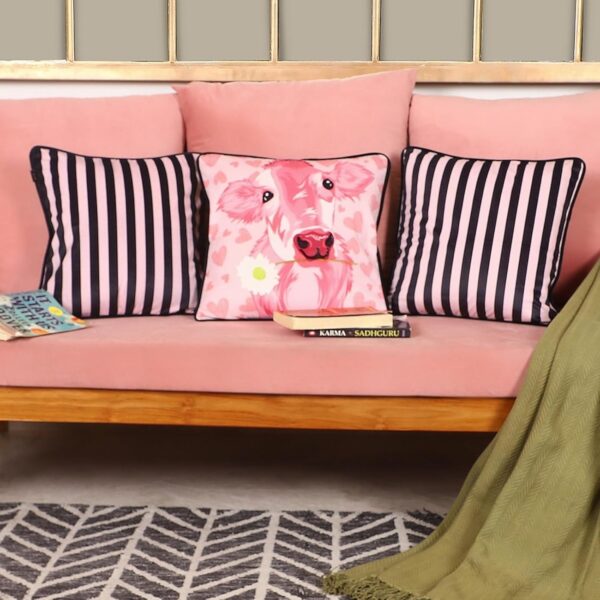 Premium Velvet Cushion Covers Set of 3 – Cow Abstract Pink Black Theme 16×16 Pillowcases