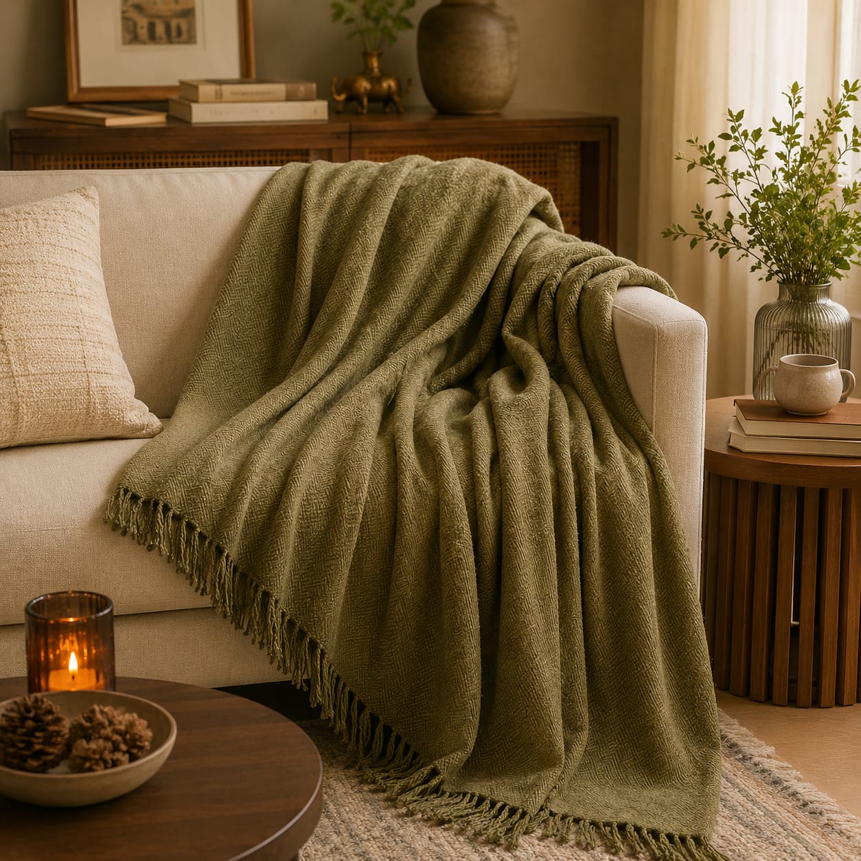 Olive Herringbone Throw