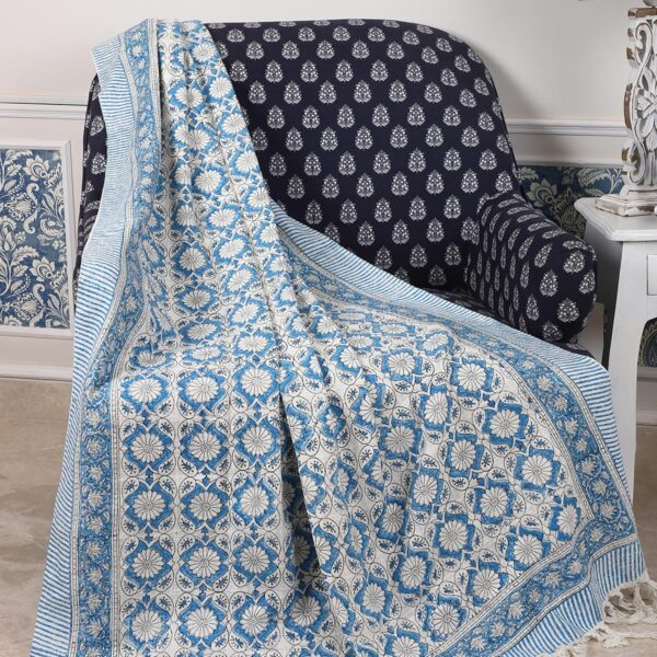 Hand Block Printed 130 x 180cm Cotton Throw – Blue Floral Jaipuri Design by Niharika Pandey | Yellow Muslin