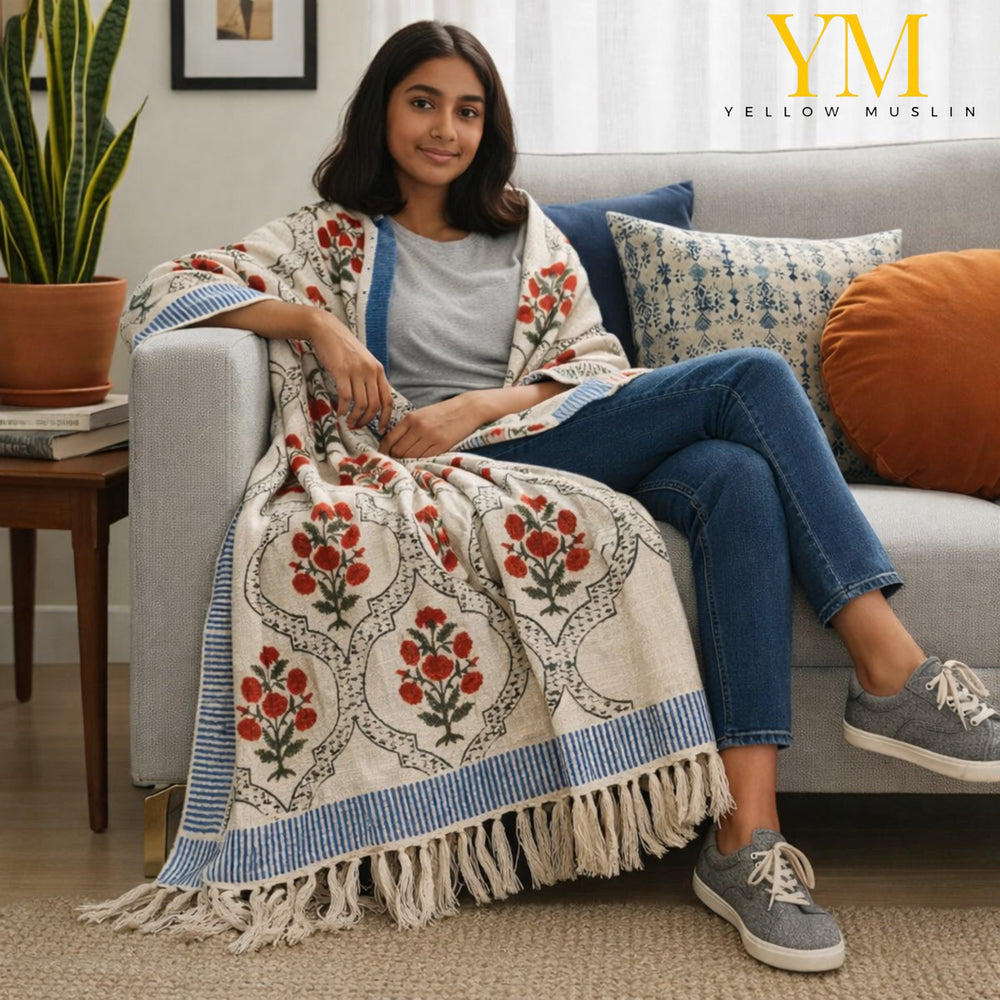 Rose Heritage Hand Block Printed All-Season Throw