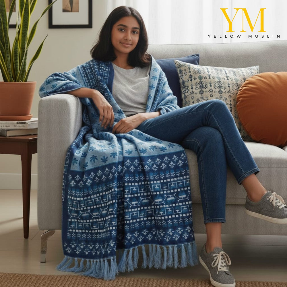 Blue Heritage Folk Hand Printed Throw
