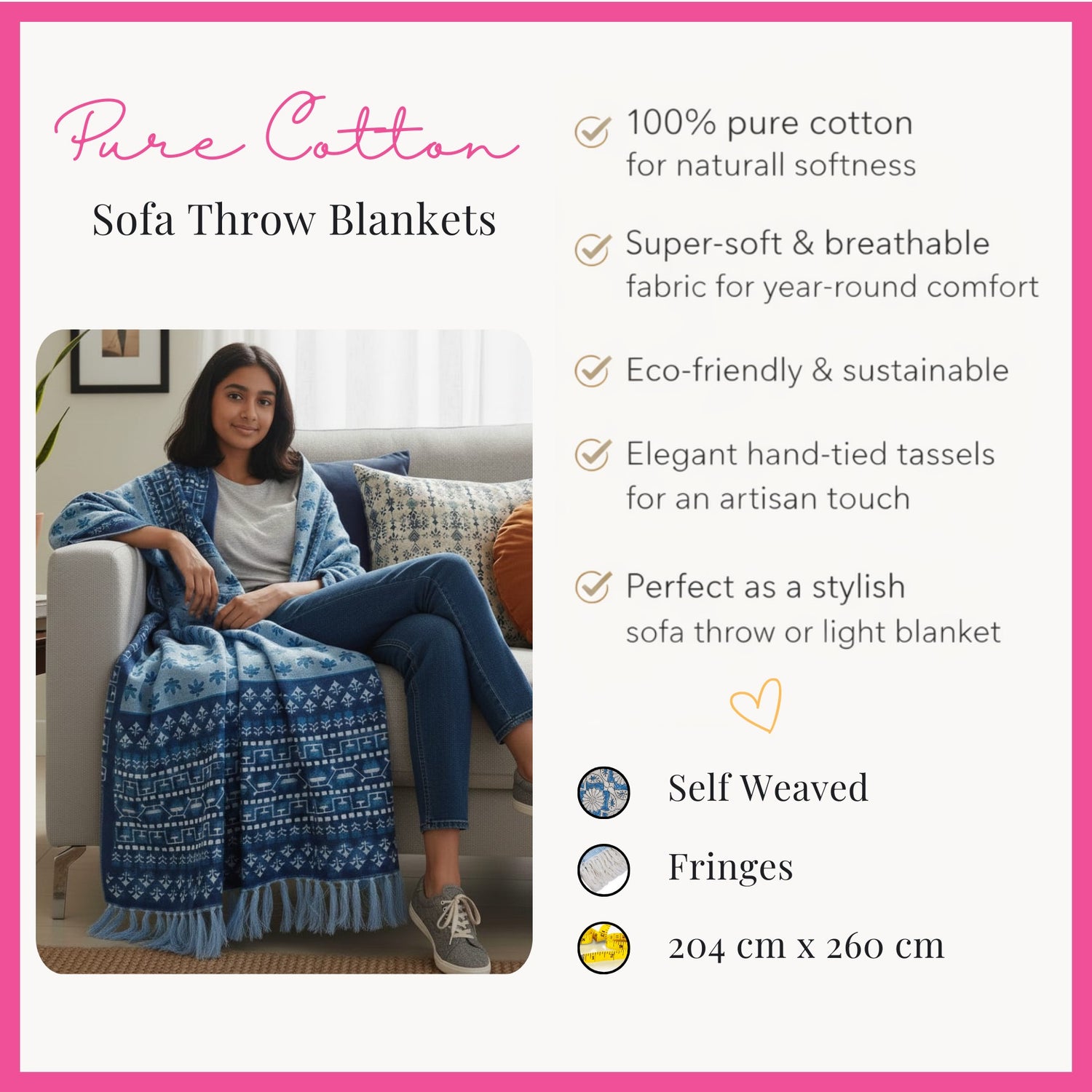 Blue Heritage Folk Hand Printed Throw