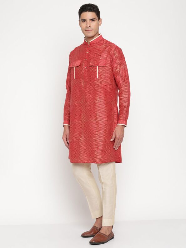 Red Stylish Kurta With cuff and pocket