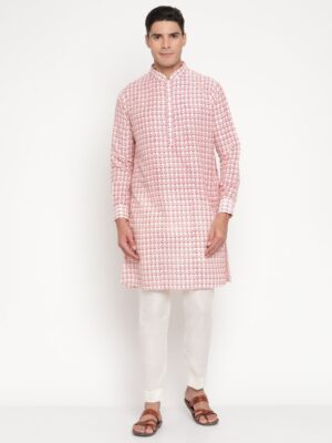 Men’s Ivory and Pink Printed Cotton Kurta (only) by Designer Niharika Pandey – Festive & Wedding Ethnic Wear