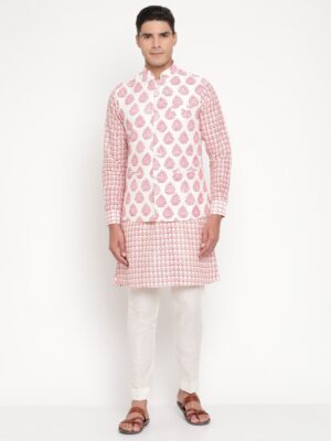Men’s Ivory and Pink Printed Cotton Kurta Pajama with Matching Bandgala Jacket (Set of 3 Pc) by Designer Niharika Pandey – Festive & Wedding Ethnic Wear