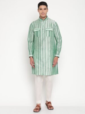 Men’s Sage Green Patterned Silk Kurta (only) by Designer Niharika Pandey – Elegant Festive & Wedding Ethnic Wear