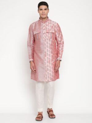 Men’s Pink Dual-Pattern Silk Kurta (only) by Designer Niharika Pandey – Festive, Wedding & Cultural Ethnic Wear