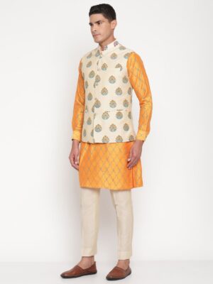 Men’s Orange Festive Kurta Pajama with Block-Printed Nehru Jacket (Set of 3 Pc) – Designer Niharika Pandey