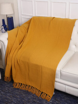 Mustard Yellow Herringbone Cotton Throw with Tassels | Designer Niharika Pandey | Yellow Muslin