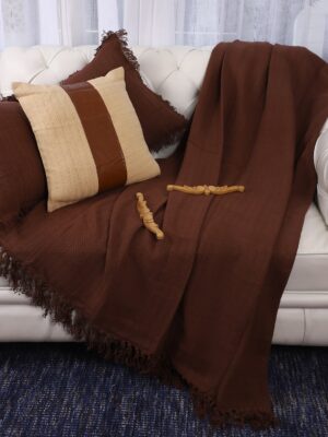 Brown Herringbone Cotton Throw with Tassels | Designer Niharika Pandey | Yellow Muslin Home Décor