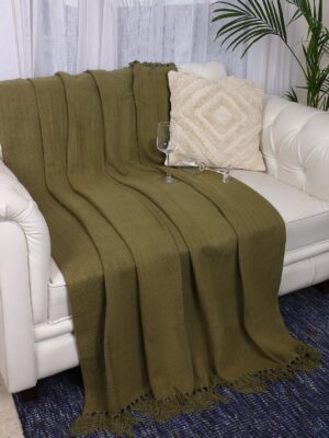 Olive Green Herringbone Cotton Throw with Tassels | Designer Niharika Pandey | Yellow Muslin
