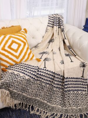 Black Palm Tree Printed Cotton Throw with Tassels | Designer Niharika Pandey | Yellow Muslin