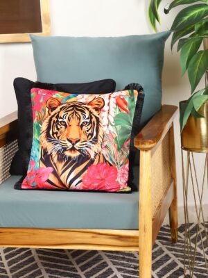 Yellow Muslin King Tiger Hand-Embroidered Cushion Cover – Multicolor Premium Velvet, 16"x16" (40x40 cm) Decorative Throw Pillowcase for Sofa, Couch, Bed & Chair