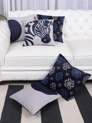 Yellow Muslin Premium Velvet Decorative Throw Pillow Cushion Covers – 5 Pc Set, Blue & Grey, 16"x16" (40x40 cm) Soft & Smooth Decorative Pillowcases for Sofa, Couch, Chair & Bed