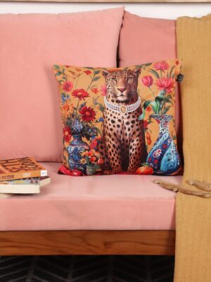 Yellow Muslin “Tiger in Jewels” Hand-Embroidered Cushion Cover – Multicolor Premium Velvet, 16x16 Inch (40x40 cm) Decorative Throw Pillowcase for Sofa, Couch, Bed & Chair