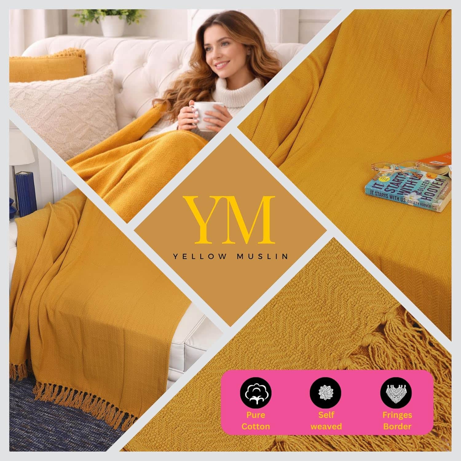 Mustard Yellow Herringbone Cotton Throw with Tassels | Designer Niharika Pandey | Yellow Muslin - Image 6