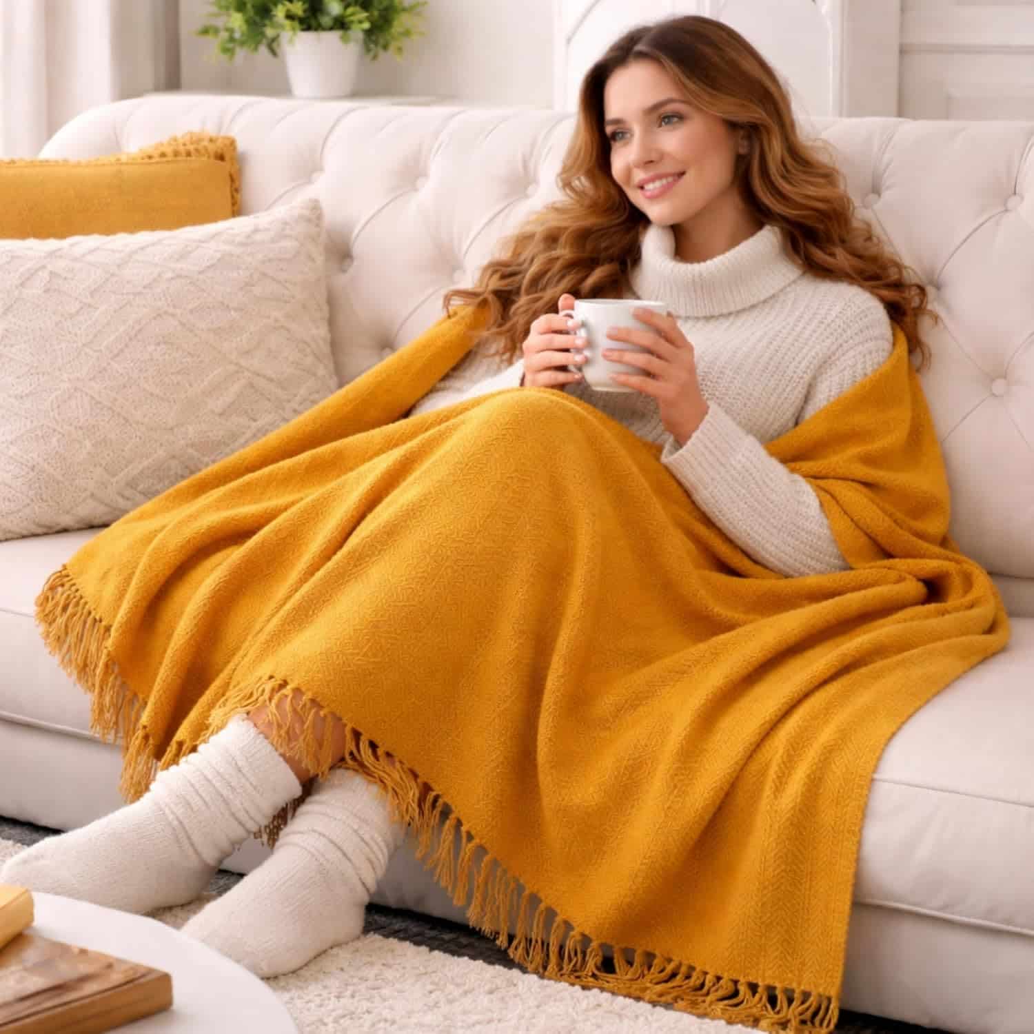Mustard Yellow Herringbone Cotton Throw with Tassels | Designer Niharika Pandey | Yellow Muslin - Image 2