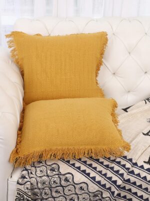 Yellow Muslin Self Weaved Cushion Cover Set of 2 – Solid Premium Cotton, 16"x16" (40x40 cm) Decorative Throw Pillowcases for Sofa, Couch, Bed & Chair (Yellow)