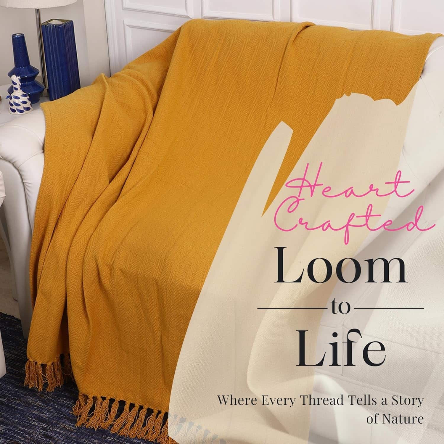 Mustard Yellow Herringbone Cotton Throw with Tassels | Designer Niharika Pandey | Yellow Muslin - Image 5