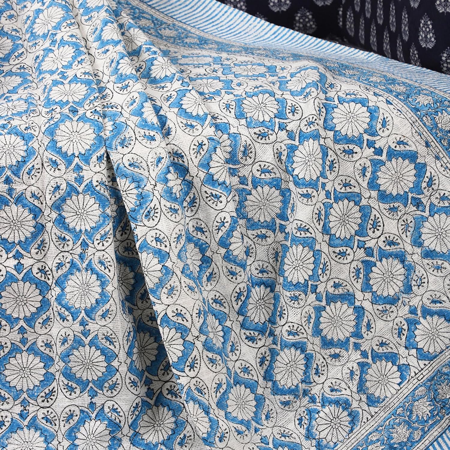 Hand Block Printed 130 x 180cm Cotton Throw β Blue Floral Jaipuri Design by Niharika Pandey | Yellow Muslin - Image 6