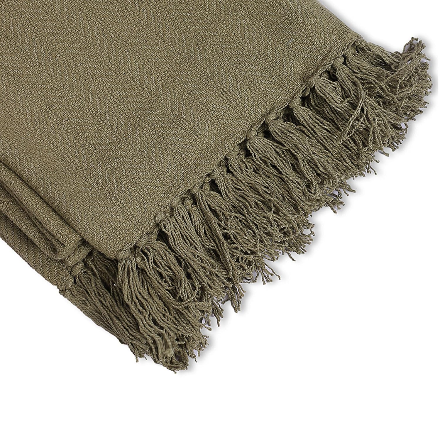 Olive Green Herringbone 130 x 180 cm Cotton Throw with Tassels | Designer Niharika Pandey | Yellow Muslin - Image 8