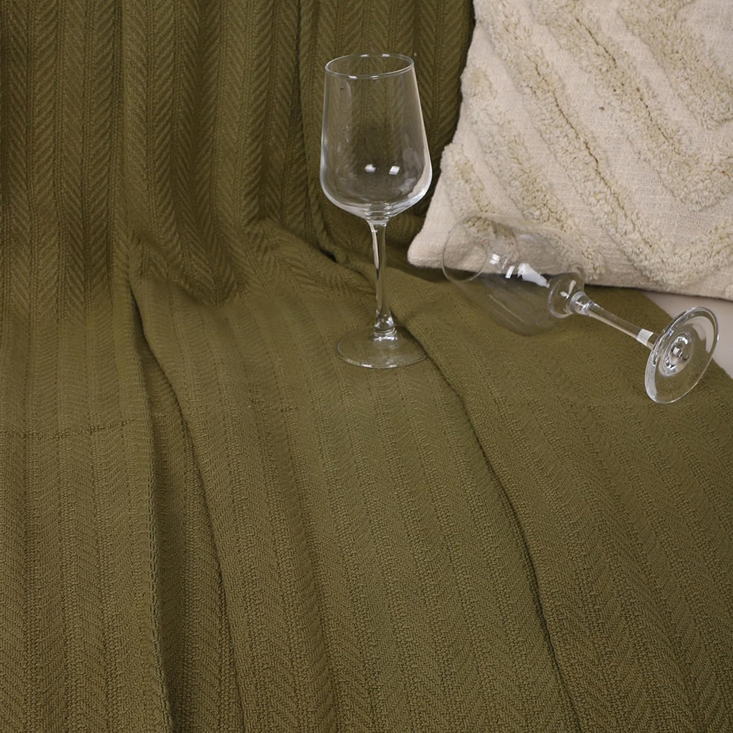 Olive Green Herringbone 130 x 180 cm Cotton Throw with Tassels | Designer Niharika Pandey | Yellow Muslin - Image 7