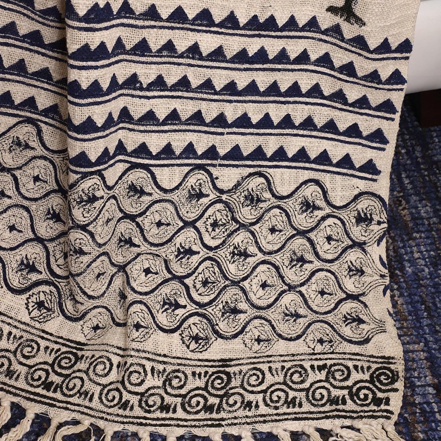 Black Palm Tree Printed 130 x 180 cm Cotton Throw with Tassels | Designer Niharika Pandey | Yellow Muslin - Image 6