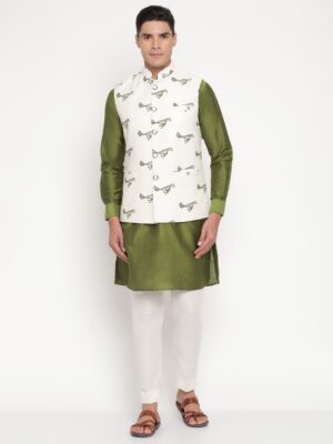 Men’s Olive Green Silk Kurta with Cream Printed Bandi & White Pajama – Elegant Festive Ethnic Set by Niharika Pandey