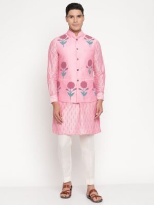 Men’s Pink Silk Kurta with Floral Printed Bandi & White Pajama – Festive Designer Ethnic Set by Niharika Pandey