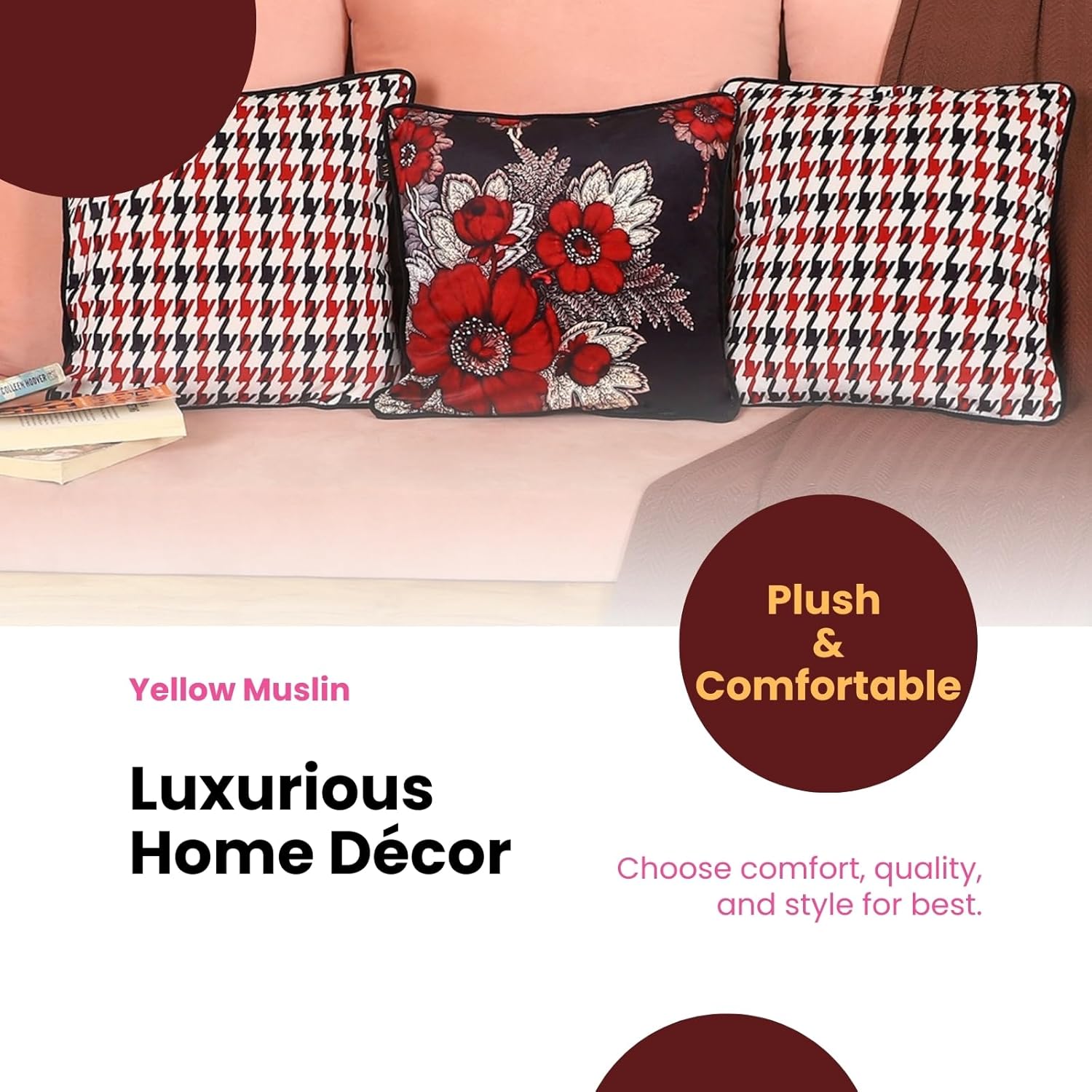 Premium Velvet Cushion Covers Set of 3 – Abstract Floral Square 16x16 Decorative Pillowcases - Image 5